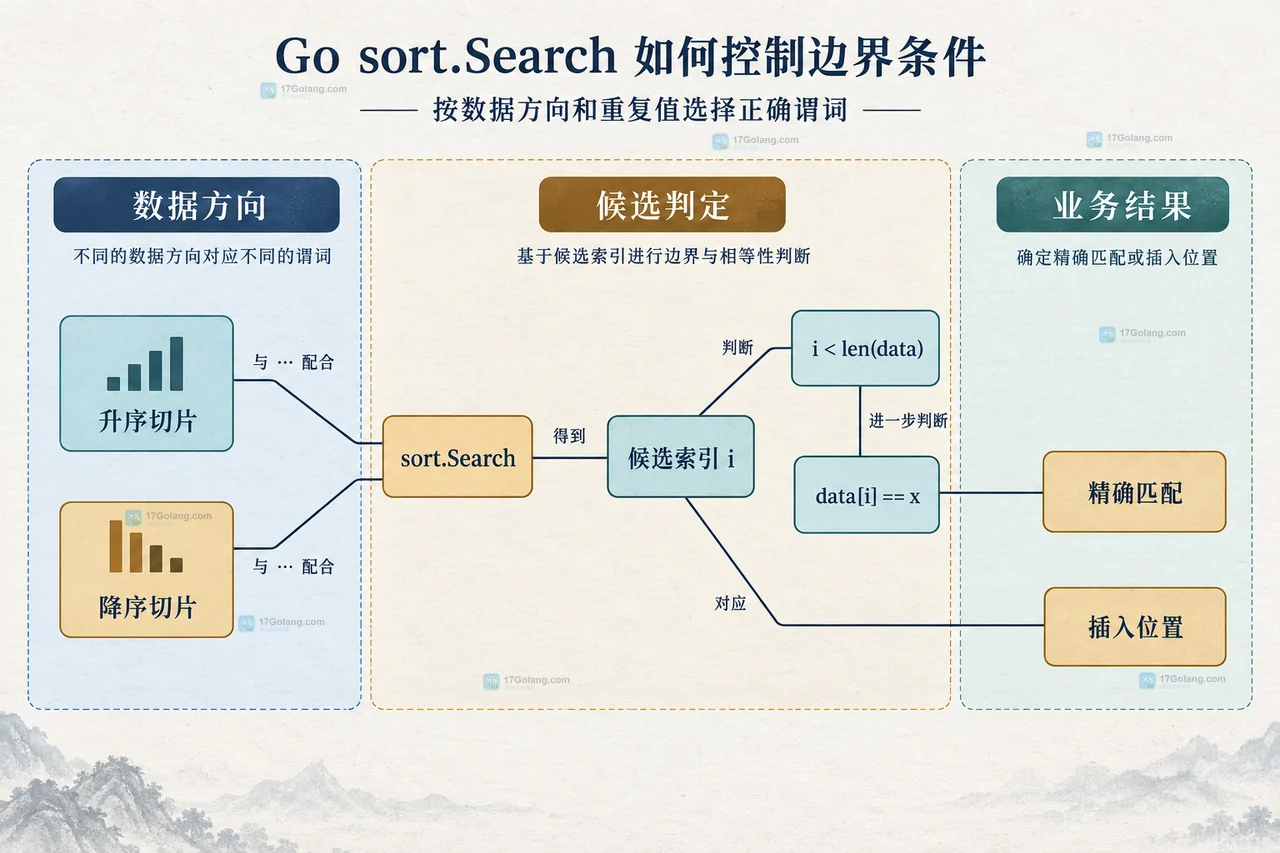 Go sort.Search 结果边界静态技术框图，展示有序切片、候选索引、精确命中与插入位置的关系