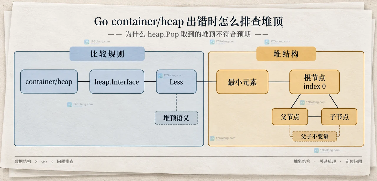 Go heap Init Push Pop Remove Fix 与 heap Interface Len Swap 接口内部 Pop 的职责边界示意图