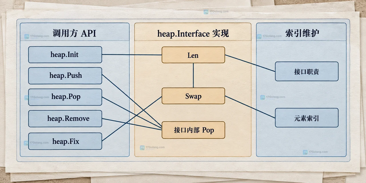 Go container heap 的 Less 比较规则、根节点 index 0、最小元素和父子不变量静态关系示意图