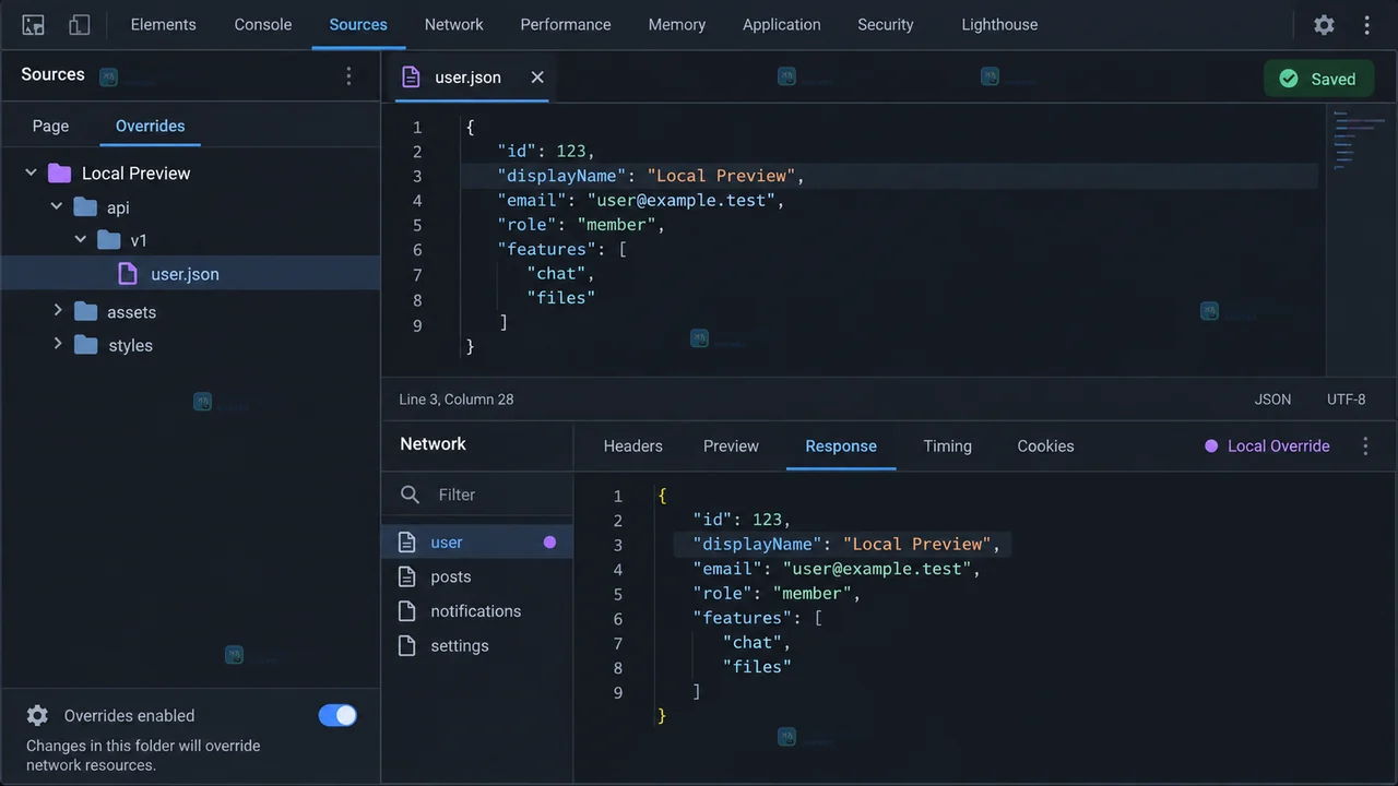 Chrome DevTools Sources Overrides 保存文件、Network Response 紫色标记和 mock JSON 结果示意图