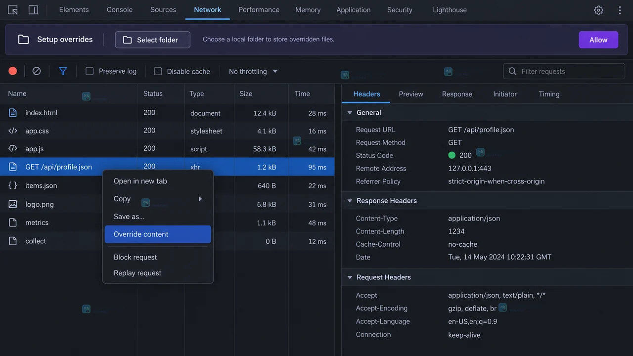Chrome DevTools Network 面板通过 Override content 配置 Local Overrides 文件夹的操作示意图