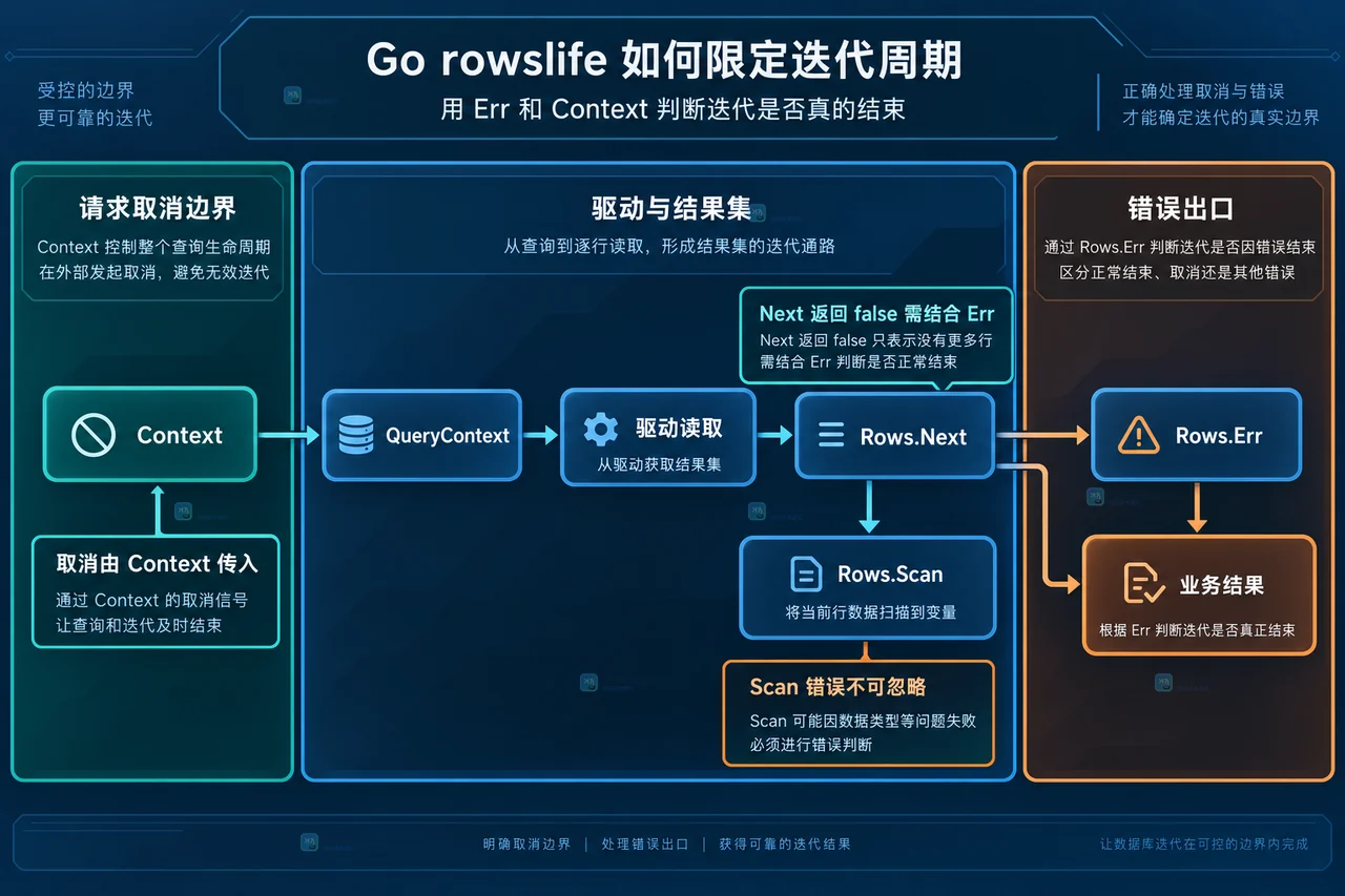 Go database/sql Rows 错误边界关系图,展示 Context、QueryContext、Next、Scan 和 Err 的判断关系