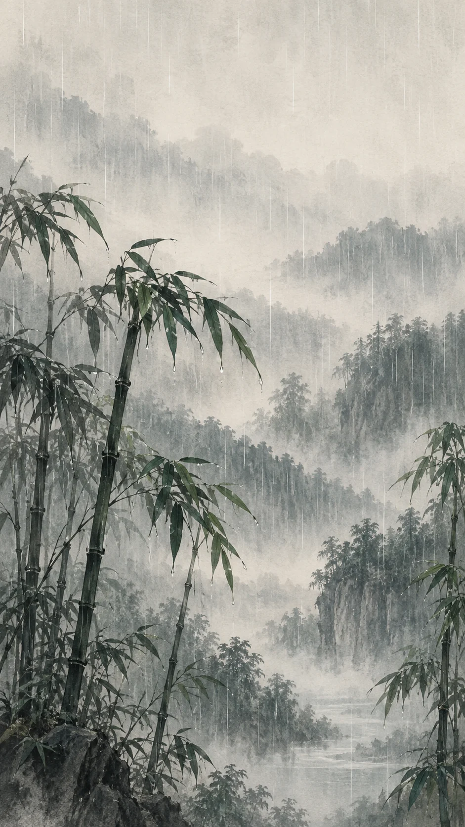 墨竹细雨手机壁纸主图中竹干与雨丝形成纵向构图并保留顶部锁屏留白