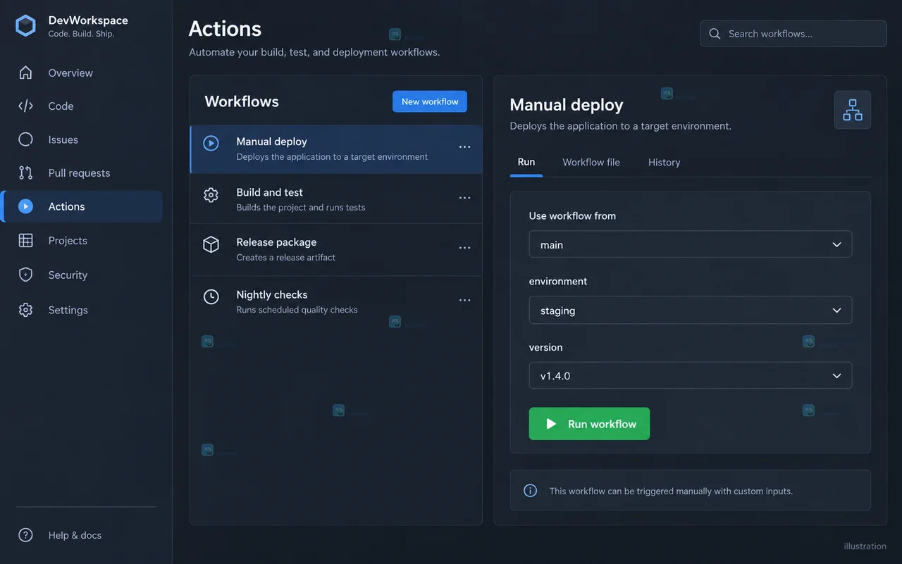 GitHub Actions 手动运行后的工作流摘要和输入验证日志示意图