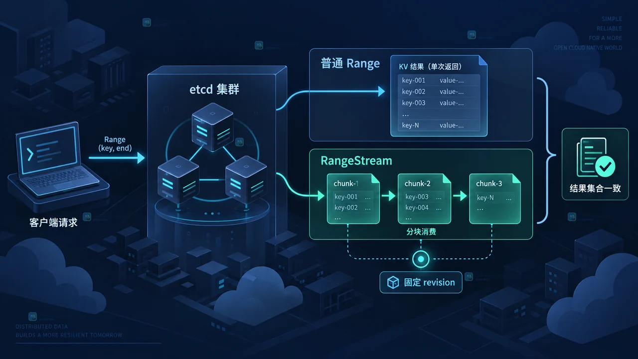 etcd RangeStream 发布后按结果规模、过滤能力、网络路径和灰度指标做决策的示意图