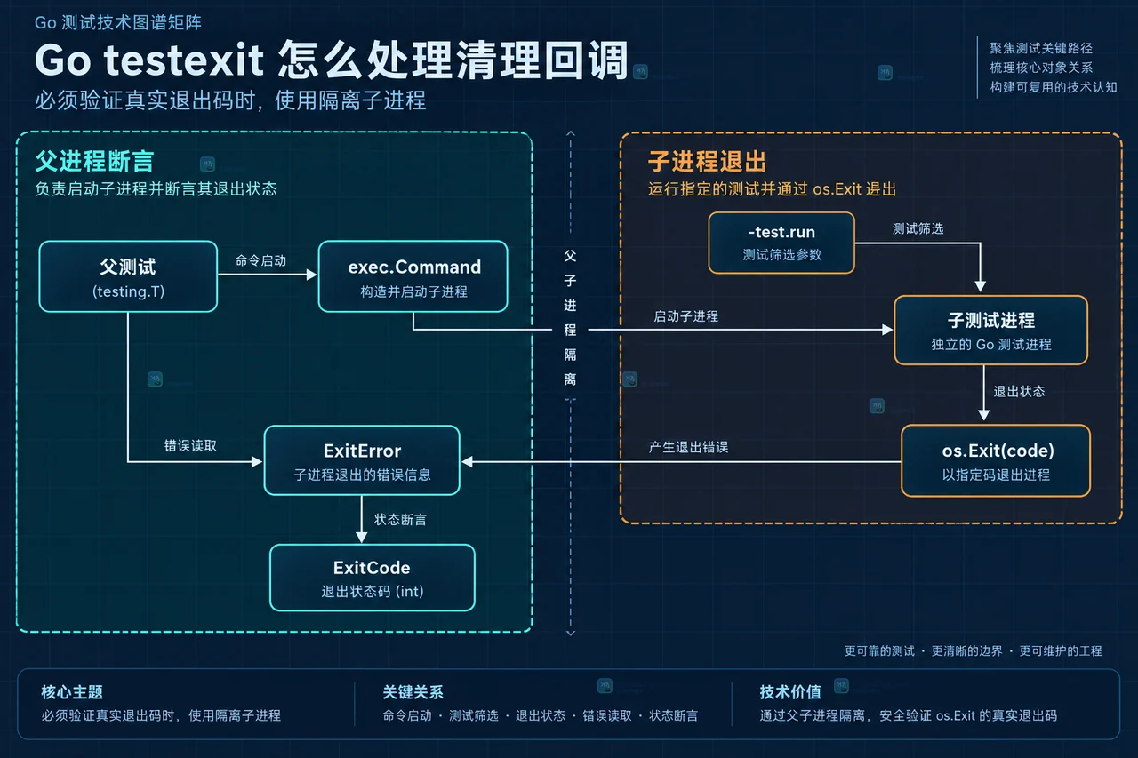 Go 测试中 Test 函数、t.Cleanup、runtime.Goexit 与 os.Exit 的静态关系示意图