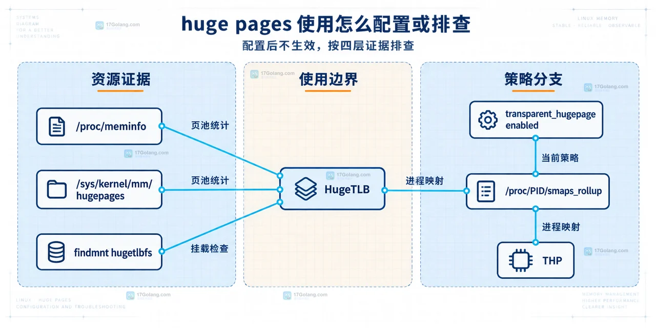 Linux huge pages 中 HugeTLB 预留页池、页大小和应用映射的静态关系示意图