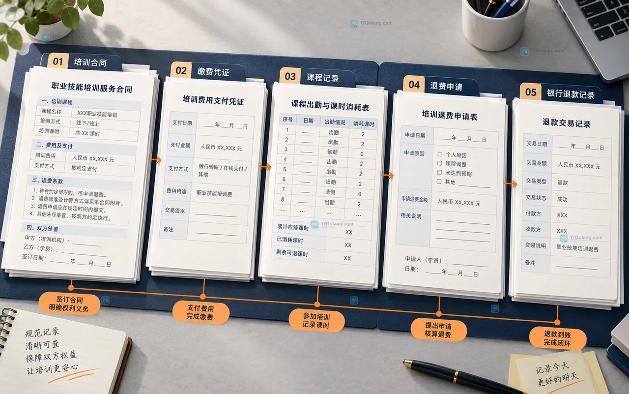 职业培训机构退款前核对合同付款履约审批和退款记录的资料清单示意图