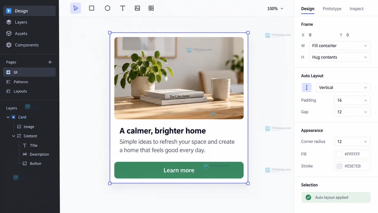 Figma 卡片根 Frame 被选中并在右侧显示 Auto layout 入口的操作示意图
