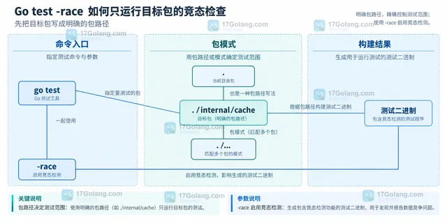 Go test race 目标包、测试文件、依赖包和竞态检测器之间的静态模块关系示意图
