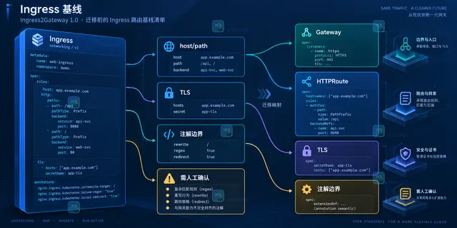 Ingress2Gateway 1.0 对照 Ingress 与 Gateway API 的重写正则重定向警告和灰度决策示意图