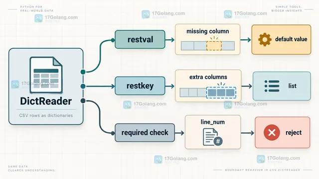 Python DictReader 的 restval 缺列补值、restkey 多列收集与必填字段校验边界结构示意图