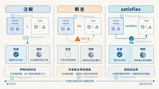 TypeScript satisfies 与类型注解和类型断言的诊断边界示意图