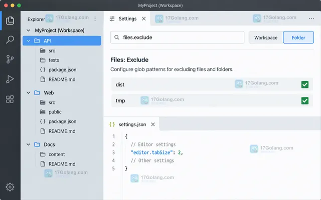 VS Code 多根工作区显示前端、服务端和文档三个根目录并打开保存工作区菜单的操作示意图