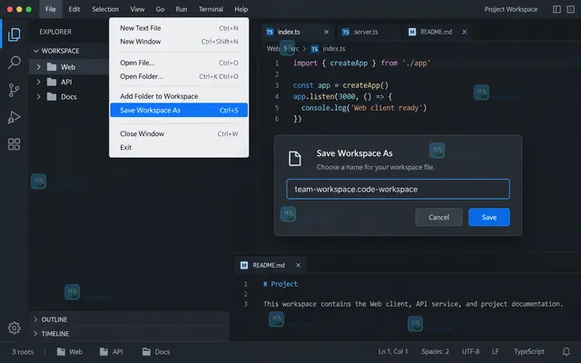 VS Code 设置编辑器显示 Workspace 与 Folder 作用域以及当前根目录隐藏 dist 的结果示意图
