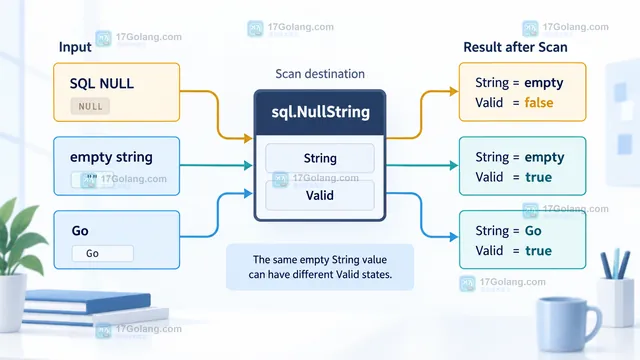 Go sql.NullString 三种数据库输入映射到 Valid 和 String 的结果示意图