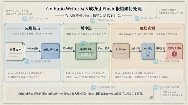 Go bufio.Writer 的 Write 返回值、Flush 返回值、文件状态与重试策略之间的静态关系示意图