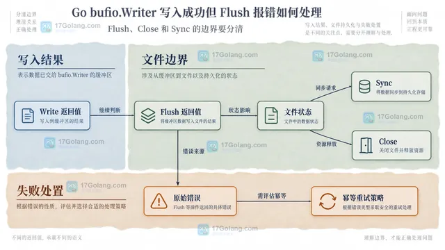 Go bufio.Writer 从业务文本进入内部缓冲区，再连接到底层 io.Writer 和文件资源的静态关系示意图