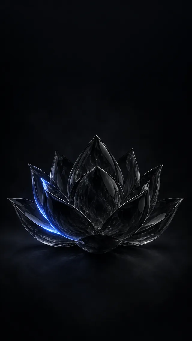 玄黑玻璃莲花暖色手机壁纸,保持顶部留白与左下高光并替换为暗金深紫反射