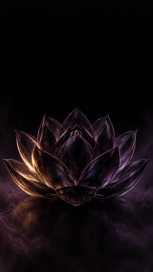 玄黑玻璃莲花冷色手机壁纸,中下部主体与顶部锁屏留白、左下单一高光