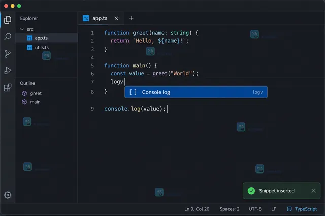 VS Code 命令面板打开用户代码片段并在编辑器中配置 scope 的操作示意图