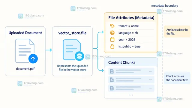 OpenAI File Search 元数据过滤示意:文件挂入 vector store file 后绑定 tenant、language、year 属性