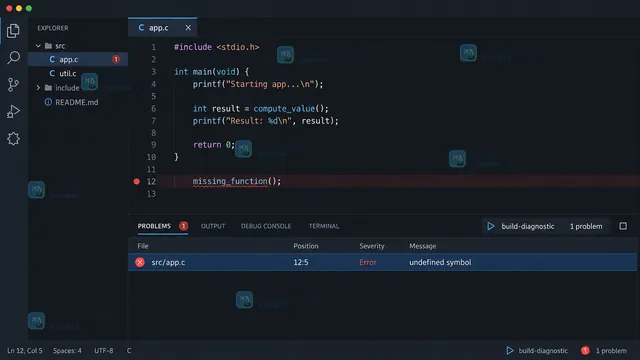 VS Code 任务配置中 problemMatcher 将文件行列严重级别和消息捕获组映射到编译错误的界面示意图