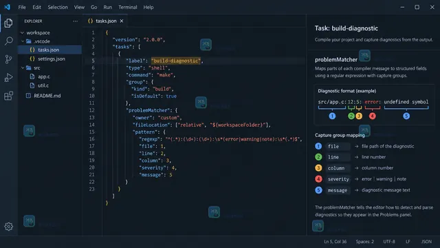 VS Code Problems 面板显示 src/app.c 第12行第5列 Error undefined symbol 的结果示意图