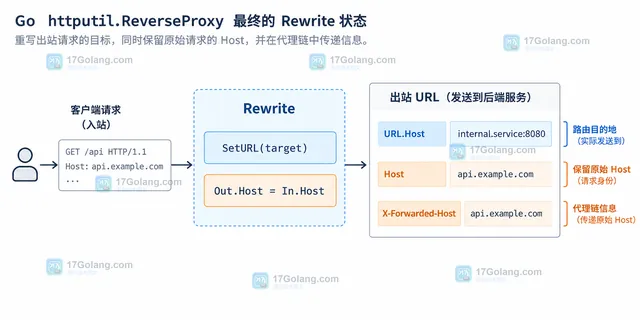 Go httputil ReverseProxy 中入站 Host、目标 URL 与出站 Host 的关系示意图