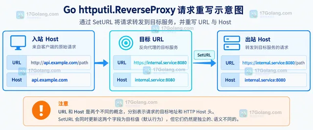 Go ReverseProxy Rewrite 保留原始 Host 并设置 X-Forwarded-Host 的出站字段示意图