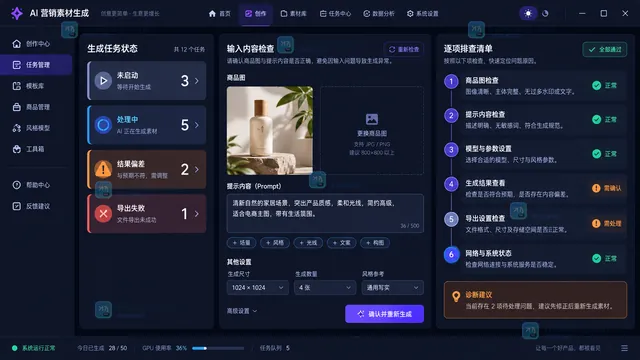 AIGC营销素材生成状态分类与输入检查示意