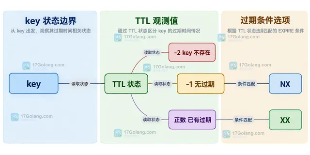 Redis EXPIRE 返回值与 TTL -1 -2 诊断信号的静态关系示意图