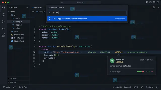 VS Code GitLens Inspect 侧栏中选中代码行的 Line History 提交列表界面示意图