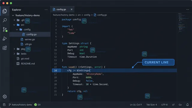 VS Code 当前代码行末尾显示 Git blame 作者日期提交摘要的操作状态示意图