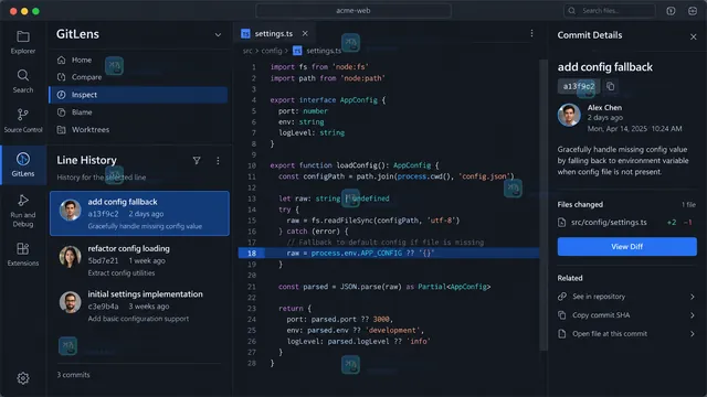 VS Code Explorer 与编辑器中定位 Git 行历史目标文件和当前代码行的操作界面示意图