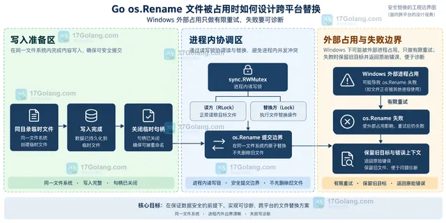 同目录临时文件、关闭句柄、进程内读写锁和外部占用错误边界静态结构示意