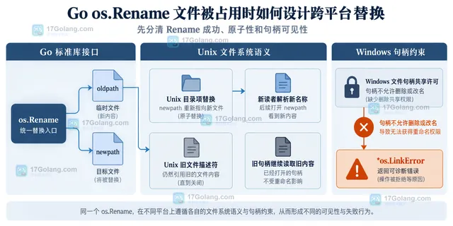 Go os.Rename 在 Unix 与 Windows 下的目标替换、打开句柄和平台约束静态结构示意