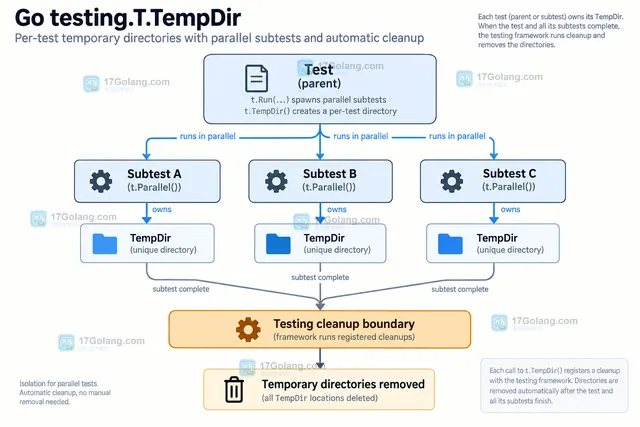 Go testing.T.TempDir 在并行子测试中为每个测试分配独立目录的关系示意图