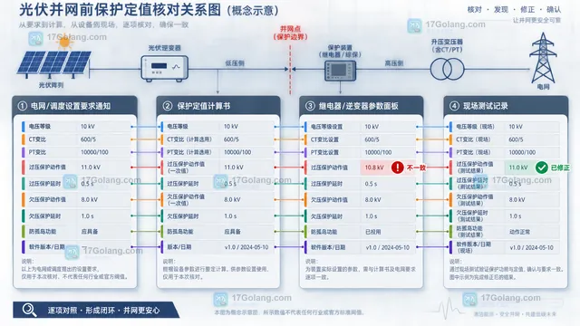 光伏并网保护定值通知、整定计算、装置参数和试验记录四方核对示意