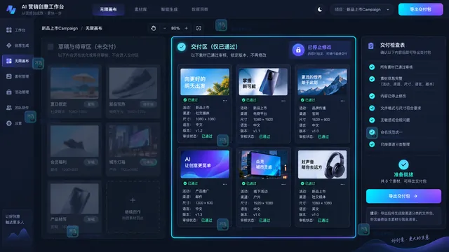 无限画布交付区与版本冻结操作示意