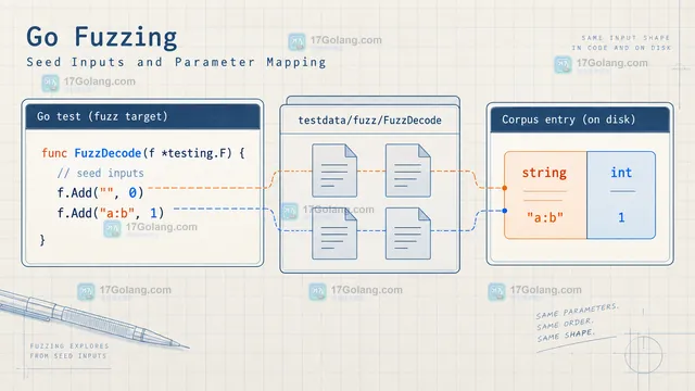 Go fuzzing 的 f.Add 与 testdata/fuzz/FuzzDecode 种子输入结构示意图,展示 string 和 int 参数顺序对应 fuzz 目标