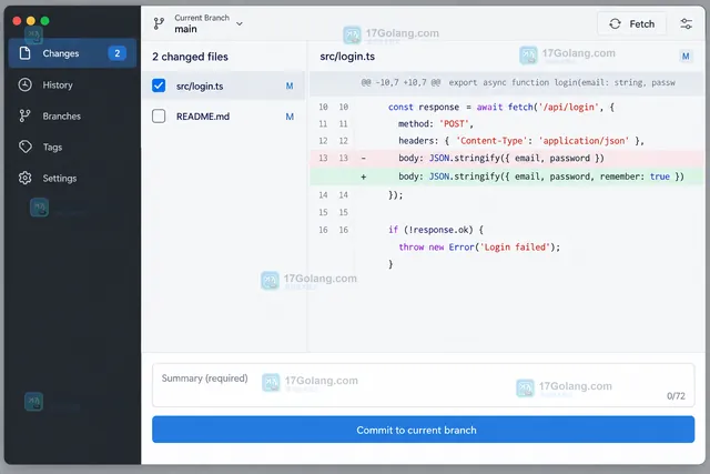 GitHub Desktop diff 中按行排除改动的操作示意图