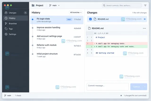 GitHub Desktop Changes 面板按文件选择提交的操作示意图