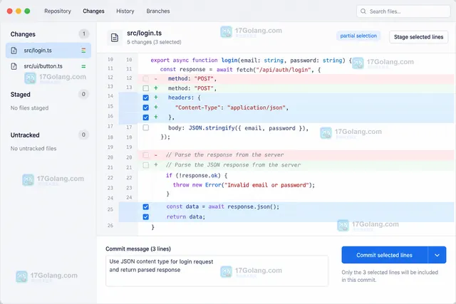 GitHub Desktop 提交后 History 与 Changes 保留剩余改动的结果示意图