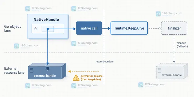 Go runtime.KeepAlive 调用边界示意图,展示 nativeRead 返回后再保持 NativeHandle 可达