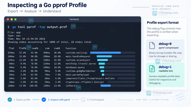 Go runtime pprof.Lookup 按名称查找 heap 剖面并用 WriteTo 导出 output.prof 的操作示意