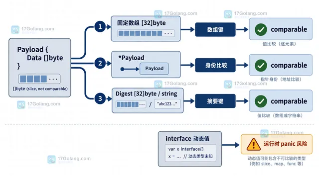 Go 切片键改为数组指针或摘要的表示方式示意图