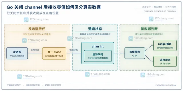 Go channel 接收状态静态框图，比较真实数据零值与关闭后的零值以及 ok 状态