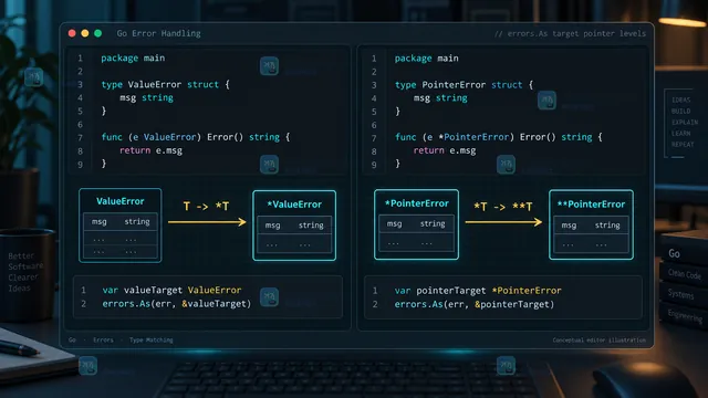 Go errors.As 沿 fmt.Errorf %w 包装链匹配 PointerError 并读取 Code 的原创结果示意图