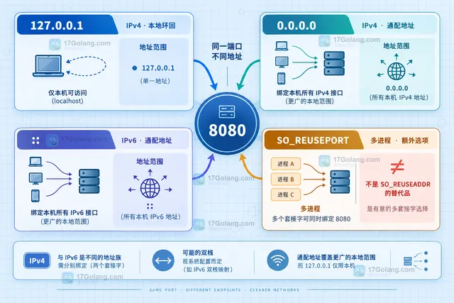 Python socket 8080 端口与 IPv4 IPv6 通配地址及 SO_REUSEPORT 关系示意图